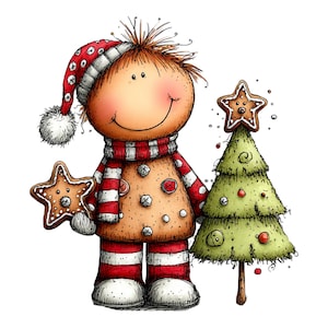 May include: A whimsical illustration of a gingerbread person wearing a red and white striped scarf, hat, and pants. The character holds a star-shaped cookie and a green Christmas tree with red ornaments and a gingerbread star on top. The character has a smiling face.