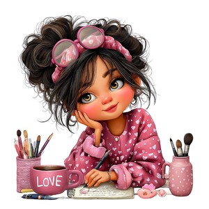 May include: Illustration of a girl with brown hair wearing pink glasses and a matching headband. She is wearing a pink pajama top with white hearts and is writing in a notebook. A pink mug with the word "LOVE" is on the table.