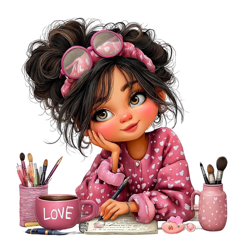 May include: Illustration of a girl with brown hair wearing pink glasses and a matching headband. She is wearing a pink pajama top with white hearts and is writing in a notebook. A pink mug with the word "LOVE" is on the table.