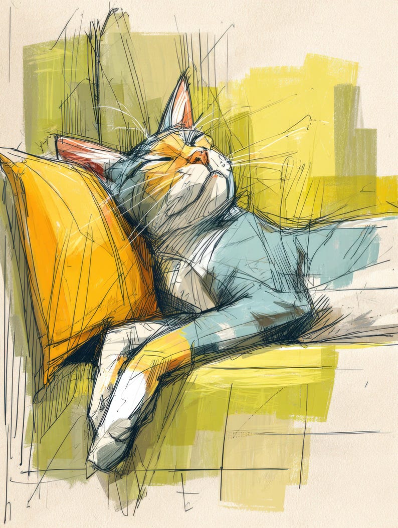 Watercolor Cats on the Couch: Cozy Cat Lover PNG Clipart for Wall Art ...