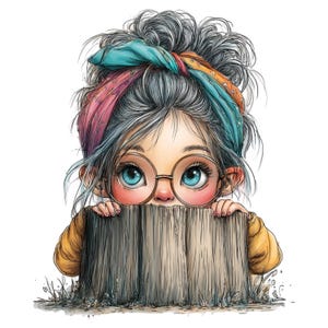 K&ouml;nnte beinhalten: Illustration eines M&auml;dchens mit blauen Augen und runder Brille, das &uuml;ber einen Holzzaun blickt. Sie hat graues Haar, das zu einem Dutt hochgesteckt ist, und tr&auml;gt ein buntes Stirnband. Das M&auml;dchen tr&auml;gt ein gelbes Hemd.