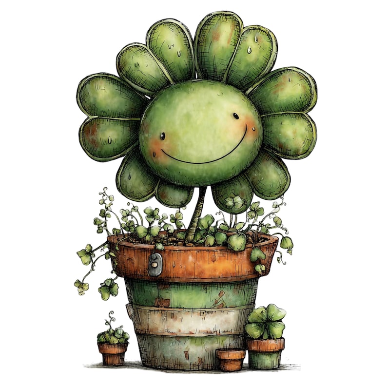May include: A whimsical illustration of a smiling flower with a clover-like head, potted in a stacked, weathered planter. The flower is a cheerful green, with a happy face. Additional small pots with clovers are also present.
