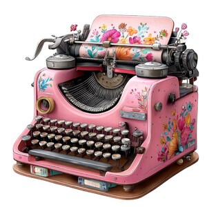 May include: A vintage pink typewriter with a floral design. The typewriter has a full keyboard, a paper feed with a floral print, and decorative floral accents. The machine sits on a wooden base.