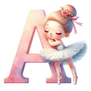 Puede incluir: Ilustración de una bailarina apoyada en la letra "A". La bailarina lleva un maillot azul claro, un tutú blanco y zapatillas de ballet. Su cabello está recogido en un moño con una flor rosa y una cinta, sobre un fondo rosa pastel.