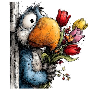 以下が含まれることがあります： 大きなオレンジ色のくちばしを持つ青い鳥のような生き物が、色とりどりのチューリップのブーケを持っている気まぐれなイラスト。鳥は驚いた表情をしています。このアートワークは、白い背景にペンとインクのスタイルで詳細に描かれています。