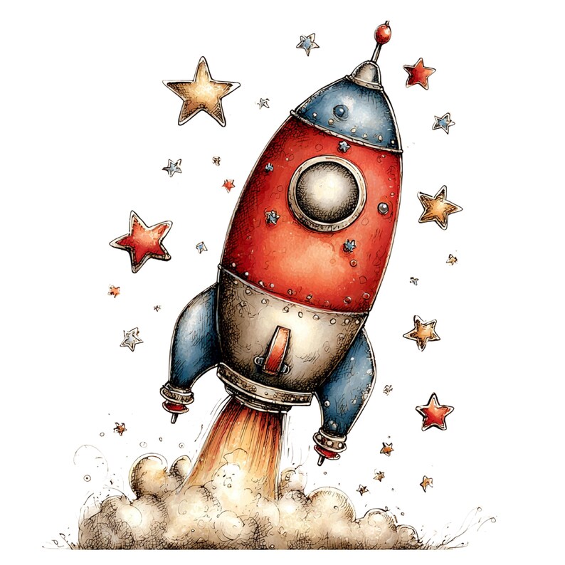 May include: A hand-drawn illustration of a red and blue rocket ship launching into space. The rocket features a circular window, metallic accents, and a bright orange exhaust plume at the base, surrounded by various gold and red stars.