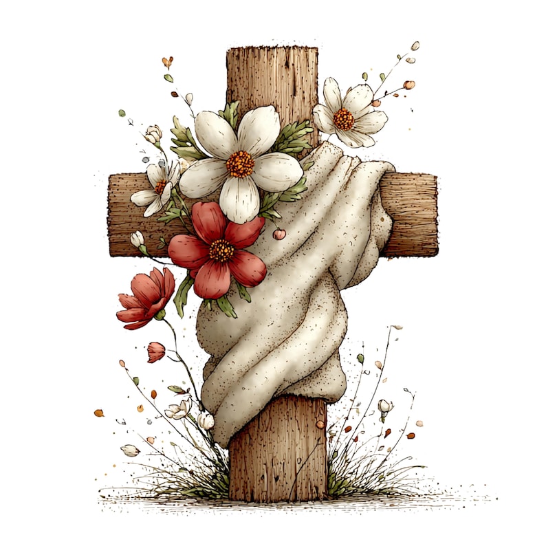 May include: Watercolor illustration of a wooden cross adorned with white and red flowers, and a draped cloth. The cross is made of textured brown wood, with the flowers and cloth adding a soft, delicate touch. The overall theme is religious and floral.