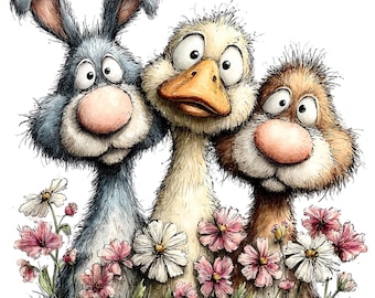Könnte beinhalten: Eine skurrile Illustration von drei Zeichentricktieren: einem blauen Hasen, einer Ente und einem braunen Wesen, alle mit großen Augen und rosa Nasen. Sie sind von rosa und weißen Blumen umgeben, was eine fröhliche und verspielte Szene ergibt.