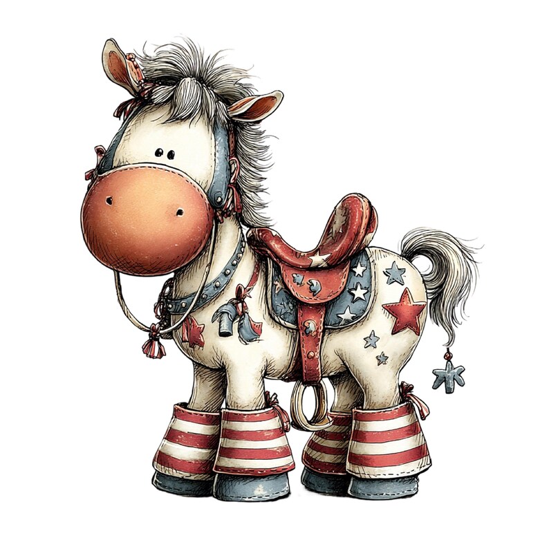 Puede incluir: Ilustraci&oacute;n caprichosa de un caballo blanco adornado con detalles patri&oacute;ticos rojos, blancos y azules. El caballo presenta una silla de montar decorada con estrellas, calentadores de piernas a rayas y una brida detallada. El dise&ntilde;o general evoca una est&eacute;tica encantadora y de dibujos animados.