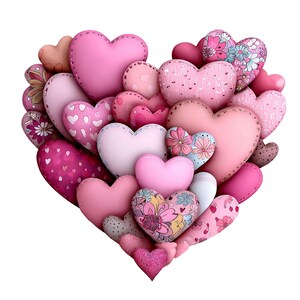 May include: A collection of various pink heart-shaped objects arranged in the shape of a heart. The hearts vary in size, color, and pattern, including solid pink, dotted, and floral designs. Some hearts have a stitched border.