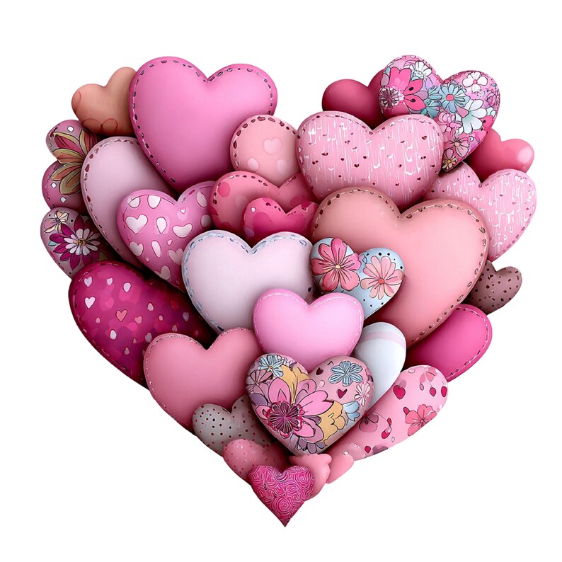 May include: A collection of various pink heart-shaped objects arranged in the shape of a heart. The hearts vary in size, color, and pattern, including solid pink, dotted, and floral designs. Some hearts have a stitched border.