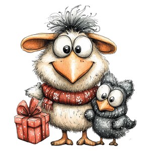 K&ouml;nnte beinhalten: Eine skurrile Illustration von zwei Cartoon-V&ouml;geln. Der gr&ouml;&szlig;ere Vogel, mit wei&szlig;em K&ouml;rper, orangefarbenem Schnabel und rotem Schal mit wei&szlig;en Schneeflocken, h&auml;lt eine rote Geschenkbox. Ein kleinerer, grauer Vogel steht daneben und tr&auml;gt ebenfalls einen Schal.
