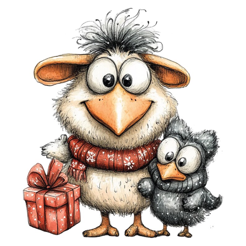 K&ouml;nnte beinhalten: Eine skurrile Illustration von zwei Cartoon-V&ouml;geln. Der gr&ouml;&szlig;ere Vogel, mit wei&szlig;em K&ouml;rper, orangefarbenem Schnabel und rotem Schal mit wei&szlig;en Schneeflocken, h&auml;lt eine rote Geschenkbox. Ein kleinerer, grauer Vogel steht daneben und tr&auml;gt ebenfalls einen Schal.