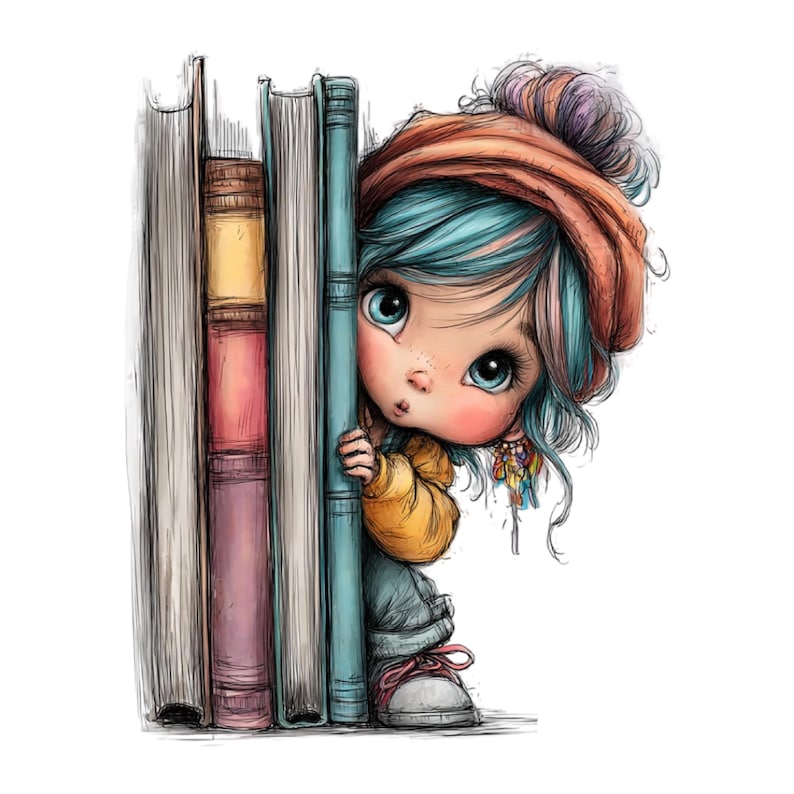 K&ouml;nnte beinhalten: Eine digitale Illustration eines jungen Menschen mit blauen Haaren und einem rostfarbenen Hut, der hinter einem Stapel B&uuml;cher hervorlugt. Die Person tr&auml;gt eine gelbe Jacke und blaue Jeans. Die B&uuml;cher sind verschiedenfarbig.