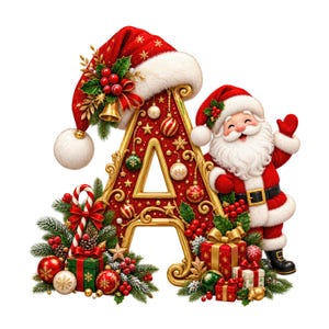 Op de afbeelding: Een decoratieve letter A met een rood en goudkleurige afwerking, versierd met kerstballen, dennentakken en hulstbessen. Een kerstmanfiguur staat naast de letter, die is bekroond met een rood-witte kerstmuts.