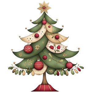 May include: A whimsical Christmas tree illustration. The tree features layered green and cream-colored sections adorned with red ornaments and gold accents. A gold star tops the tree, and a red base completes the design.