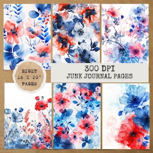 9 JPG Watercolor Red Blue Flower Journal,Digital Download,Junk journal kit,Digital papers,Junk Journal Papers,Printable Junk Journal