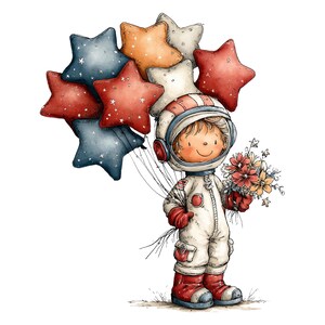 May include: A cartoon illustration of a child wearing a white astronaut suit with red gloves and boots, holding a bouquet of colorful flowers. The child is tethered to a cluster of star-shaped balloons in shades of red, blue, orange, and white.
