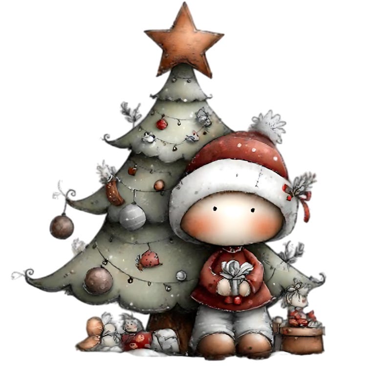 May include: Watercolor illustration of a festive Christmas scene. A child-like figure in a red and white Santa hat and matching outfit stands next to a decorated Christmas tree. The tree is adorned with ornaments and a star topper. The figure holds a wrapped gift.