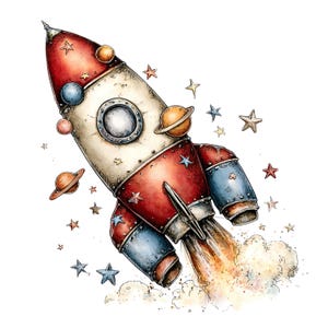May include: A vintage-style rocket ship illustration featuring a red, cream, and blue color palette. The rocket has a circular window, multiple small planets with rings, and various stars surrounding it, with exhaust smoke at the base.