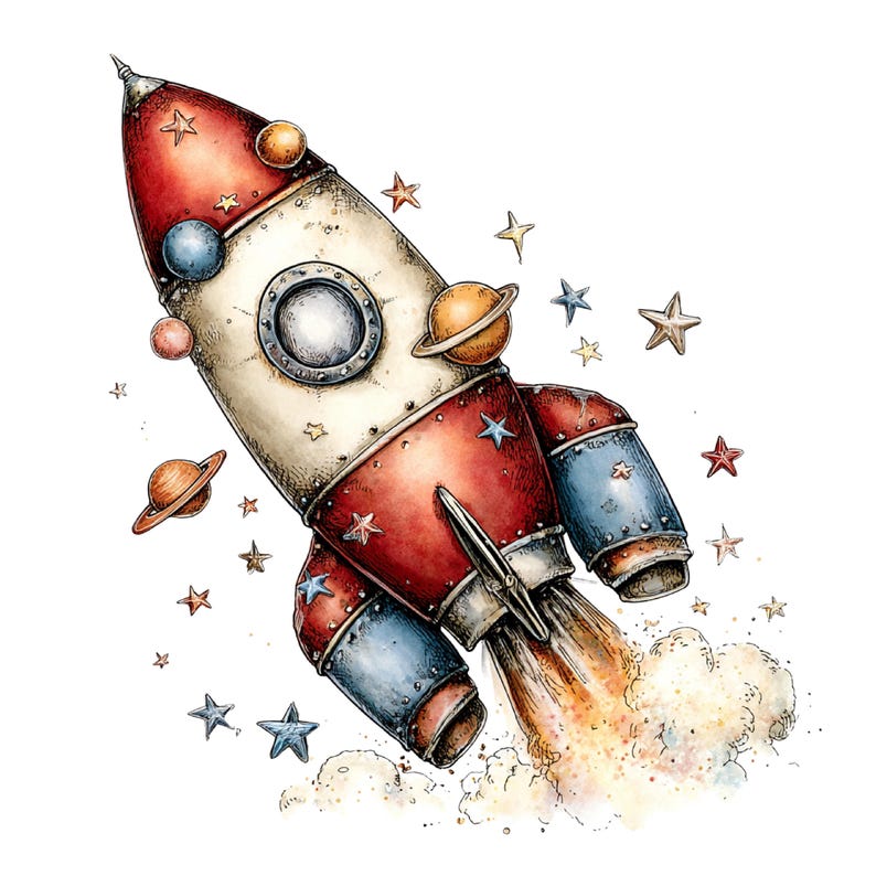 May include: A vintage-style rocket ship illustration featuring a red, cream, and blue color palette. The rocket has a circular window, multiple small planets with rings, and various stars surrounding it, with exhaust smoke at the base.