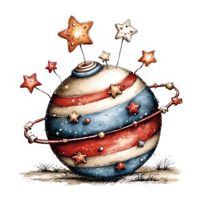 May include: A spherical object featuring horizontal red, white, and blue stripes with a ring encircling the center. Multiple star-shaped ornaments on thin wires extend from the top, while small stars are scattered across the surface of the sphere.