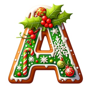 以下が含まれることがあります： クリスマス用にデコレーションされた、文字「A」の形をしたジンジャーブレッドクッキー。クッキーは茶色で、緑色のアイシング、白いアクセント、ヒイラギ、ベリー、雪の結晶、オーナメントなどのお祝いの装飾が施されています。キャンディケーンも含まれています。