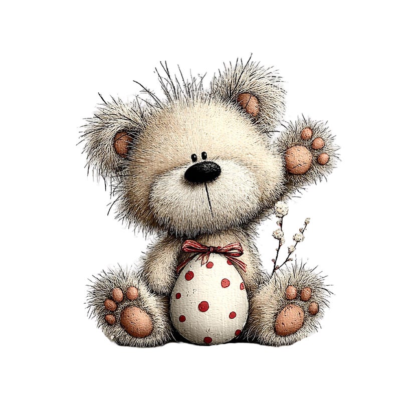 May include: A cute, light brown teddy bear illustration with a black nose and paws. The bear is holding a white Easter egg with red polka dots and a red bow. A sprig of pussy willow is also present.