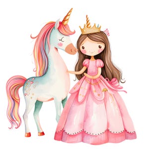 28 PNG Princess with Unicorn Watercolor Clipart,Unicorn PNG,Commercial Use,Clipart,Transparent Background png, High Resolution Images