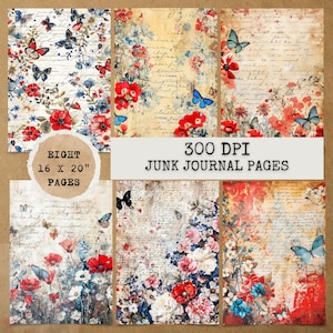 8 JPG Vintage Floral Butterfly Journal Pages,Digital Download,Junk journal kit,Digital papers,Junk Journal Papers,Printable Junk Journal