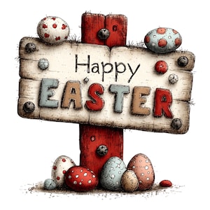 Puede incluir: Un letrero rústico de madera con las palabras "Happy Easter" en letras coloridas. El letrero está sostenido por un poste rojo y decorado con huevos de Pascua pintados en varios colores y patrones, creando un tema festivo de vacaciones.