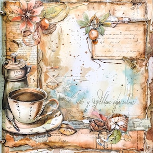May include: A vintage-style image with a cup of coffee, a coffee grinder, and a handwritten note that says "to y reprilume eyes wilmit". The image is decorated with floral elements, leaves, and a vintage-style background.