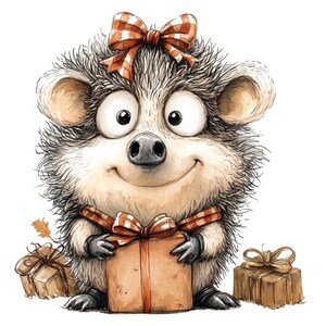 K&ouml;nnte beinhalten: Eine skurrile Illustration eines Igels mit fr&ouml;hlichem Gesichtsausdruck. Der Igel tr&auml;gt eine Schleife und einen Schal mit rot-wei&szlig;em Karomuster. Er h&auml;lt ein Geschenk, mit zwei weiteren Geschenken in der N&auml;he.