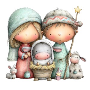 May include: A whimsical illustration of a nativity scene. Two figures stand together, one in a pink robe and the other in a green robe, with a donkey in a manger between them. A sheep, a rabbit, and a star-topped staff complete the scene.