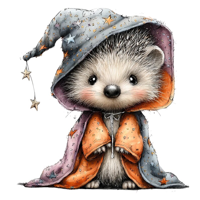 May include: A digital illustration of a small, fluffy hedgehog wearing a pointed wizard hat and a matching cloak. The hat and cloak are colored in shades of blue and orange, decorated with star patterns. Two small star charms hang from the hat tip.