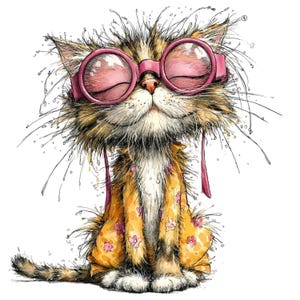 May include: Whimsical illustration of a cat wearing pink sunglasses and a yellow floral shirt. The cat has a fluffy, multi-colored coat and a relaxed expression. The artwork is detailed with expressive lines and a playful style, perfect for cat lovers.