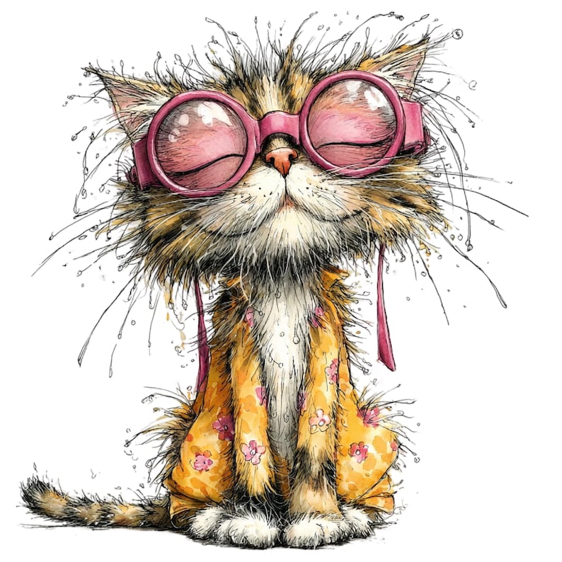May include: Whimsical illustration of a cat wearing pink sunglasses and a yellow floral shirt. The cat has a fluffy, multi-colored coat and a relaxed expression. The artwork is detailed with expressive lines and a playful style, perfect for cat lovers.