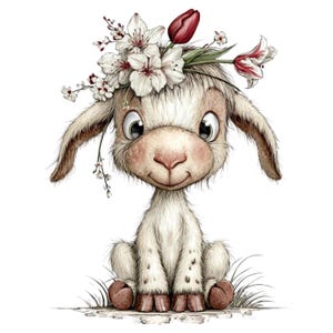 Puede incluir: Ilustración de un cordero sentado con una corona floral. El cordero tiene ojos grandes y expresivos, una nariz rosada y una sonrisa suave. La corona presenta flores blancas y un tulipán rojo. El cordero está sentado sobre un césped.
