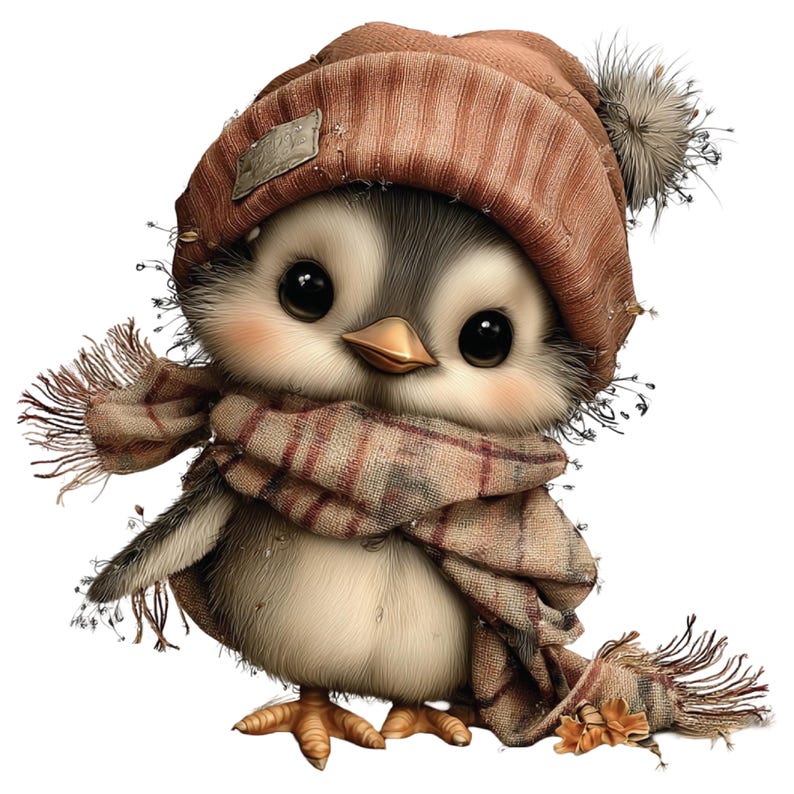 Op de afbeelding: Een schattige cartoonpingu&iuml;n met een bruine gebreide muts met een pompon en een bijpassende geruite sjaal. De pingu&iuml;n heeft grote, expressieve ogen en een gouden snavel. Het ontwerp is zacht en uitnodigend, ideaal voor kinderdecoratie of winterse knutselwerken.