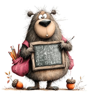 Puede incluir: Una ilustración de dibujos animados de un oso pardo peludo que sostiene una pizarra de madera cubierta con ecuaciones matemáticas blancas. El oso lleva una mochila rosa con lápices y está de pie entre dos bellotas grandes.