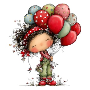 Op de afbeelding: Een grillige illustratie van een jong persoon die een tros kleurrijke ballonnen vasthoudt. De persoon draagt een rode stippen hoofdband, een rood geruit overhemd, groene overalls en rode laarzen. De ballonnen zijn rood, groen, blauw en roze met verschillende patronen.