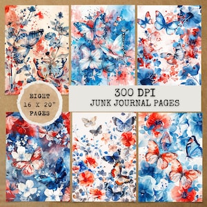 8 JPG Watercolor Floral & Butterfly Pages,Digital Download,Junk journal kit,Digital papers,Junk Journal Papers,Printable Junk Journal