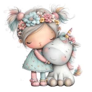 Puede incluir: Ilustraci&oacute;n digital de una ni&ntilde;a abrazando un unicornio. La ni&ntilde;a tiene cabello gris con una corona floral y viste un vestido azul con detalles de coraz&oacute;n. El unicornio es blanco con una melena y cuerno coloridos, tambi&eacute;n adornados con flores.