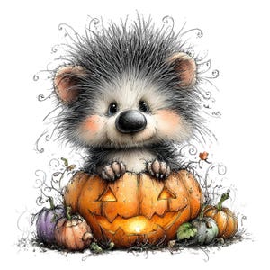 May include: A fluffy, dark-furred hedgehog with a white face and pink cheeks sits inside a large, carved orange jack-o'-lantern. Smaller pumpkins in shades of purple, orange, and green are arranged around the base of the central pumpkin.