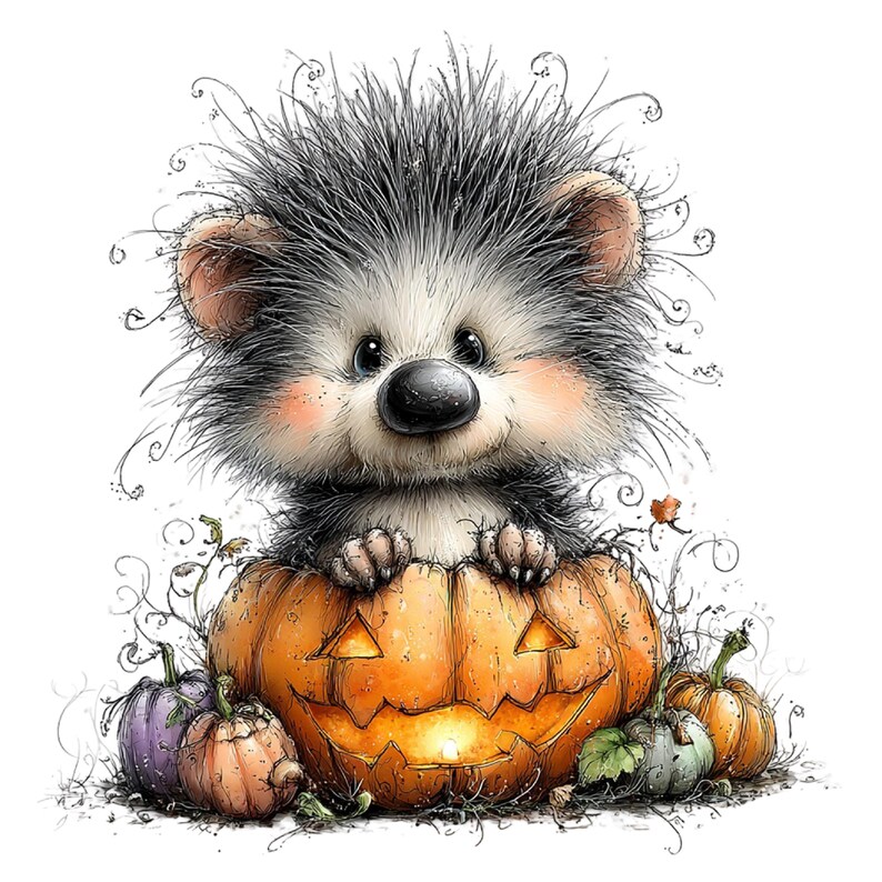 May include: A fluffy, dark-furred hedgehog with a white face and pink cheeks sits inside a large, carved orange jack-o'-lantern. Smaller pumpkins in shades of purple, orange, and green are arranged around the base of the central pumpkin.