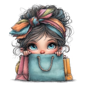 K&ouml;nnte beinhalten: Illustration eines M&auml;dchens mit gro&szlig;en blauen Augen, das &uuml;ber eine blaue Einkaufstasche blickt. Sie hat lockiges braunes Haar und ein buntes Stirnband. Rosa und orangefarbene Einkaufstaschen sind ebenfalls zu sehen.