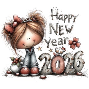 Pode incluir: Uma ilustração caprichosa para o Ano Novo de 2026. Apresenta uma figura de desenho animado sorridente com um laço e uma coroa. O texto "Happy New Year" está acima dos números "2026". A paleta de cores inclui tons de cinza, vermelho e castanho.