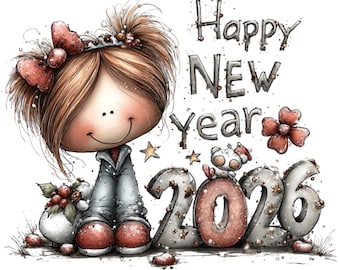 Girly Happy New Year 2026 Clipart – Pink Glitter Party PNG Bundle (Digital Download, Commercial Use) 40 PNG