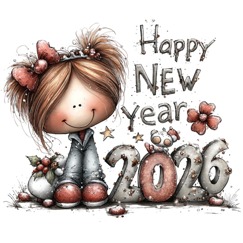 Puede incluir: Ilustración caprichosa para el Año Nuevo 2026. Se presenta una figura de dibujos animados sonriente con un lazo y una corona. El texto "Happy New Year" está encima de los números "2026". La paleta de colores incluye tonos de gris, rojo y marrón.