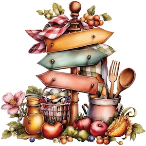 May include: A watercolor illustration of a rustic kitchen scene. A wooden signpost with arrow signs in orange, teal, and pink is adorned with a red and white checkered ribbon. A metal pitcher holds wooden utensils, and a basket is filled with fabric. Tomatoes, apples, and a jar of preserves complete the design.